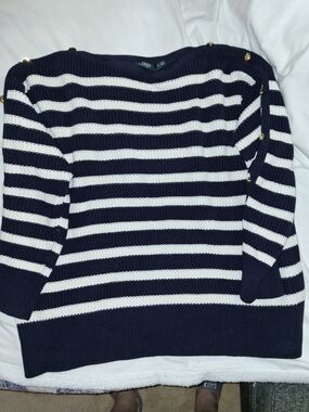 Lauren Ralph Lauren Navy and White Striped Crewneck Sweater with Gold Buttons